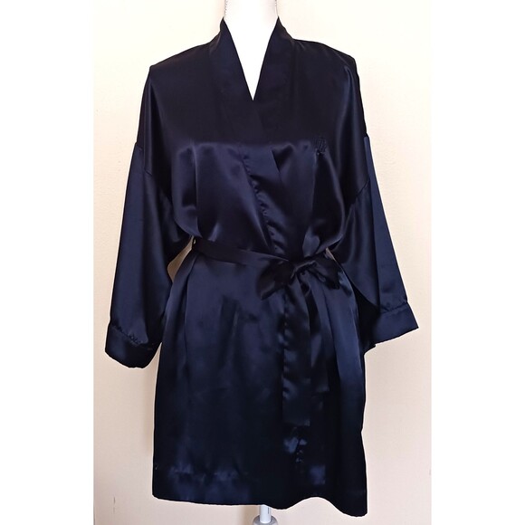 VTG Christian Dior Navy Satin Short Belted Robe Embroidered Dior Monogram Sz M - Picture 5 of 5